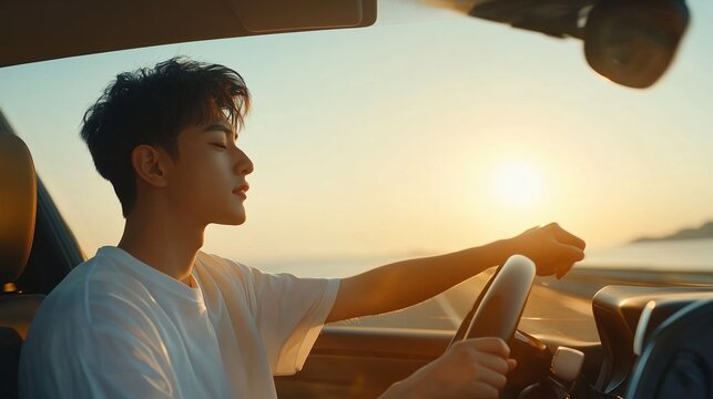 Young driver enjoying a tranquil sunset drive along a coastal road in warm evening light