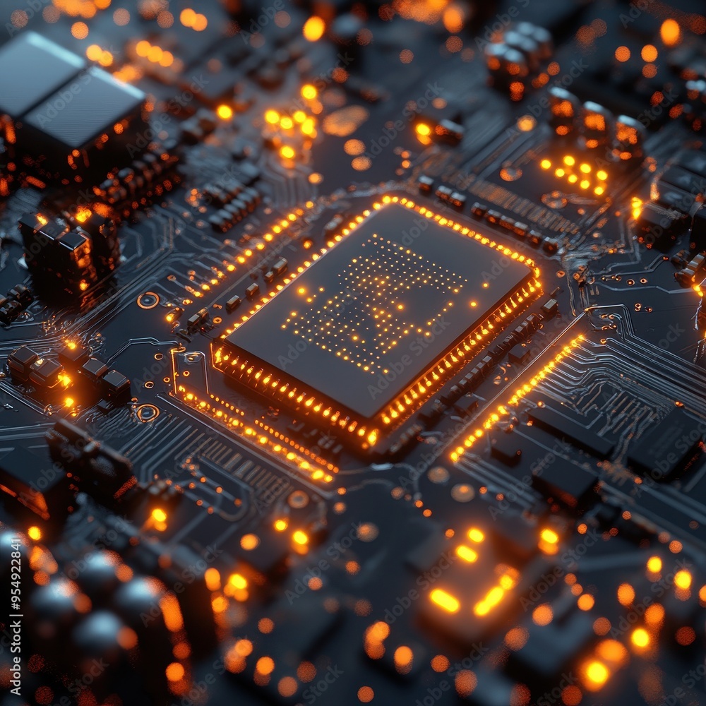Poster illuminated microchip close-up - computer circuit board with glowing lights - technology background