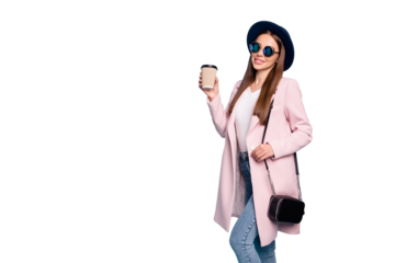 Portrait of cute sweet lady in eyewear eyeglasses  hold mug with hot latte have free time stroll wear vintage coat denim jeans isolated over blue background