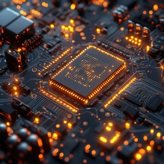 Obraz premium Illuminated Microchip Close-Up - Computer Circuit Board with Glowing Lights - Technology Background
