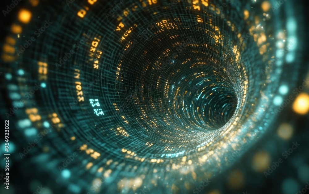 Poster abstract digital tunnel with golden lights and code - futuristic technology background.