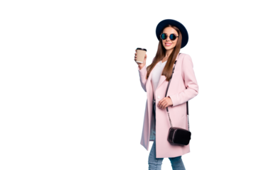 Portrait of funny lovely lady in eyeglasses eyewear have rest stroll with her friends holding mug cappuccino wear season coat denim jeans isolated over blue background