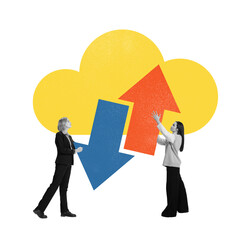 Poster. Contemporary art collage. Women with arrows under cloud represent data movement and storage...