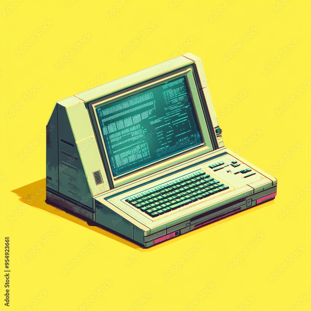 Aufkleber a retro computer with a green screen and keyboard set against a bright yellow background.
