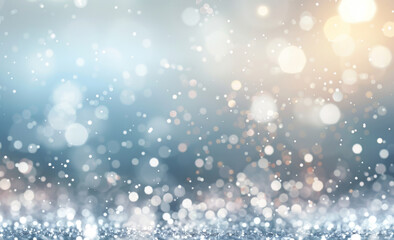 Abstract Christmas festive background with bokeh lights and glitter, shiny white, blue, and silver...