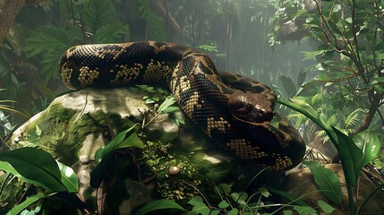 Titanoboa coiled around a giant boulder in a lush jungle with vibrant green foliage surrounding it The scene is peaceful yet foreboding showcasing the snake's dominance
