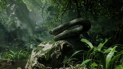 Titanoboa coiled around a giant boulder in a lush jungle with vibrant green foliage surrounding it The scene is peaceful yet foreboding showcasing the snake's dominance