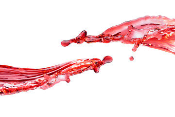 Two streams of red cherry juice flowing as stripes try to join with bright splashes, drops flying...