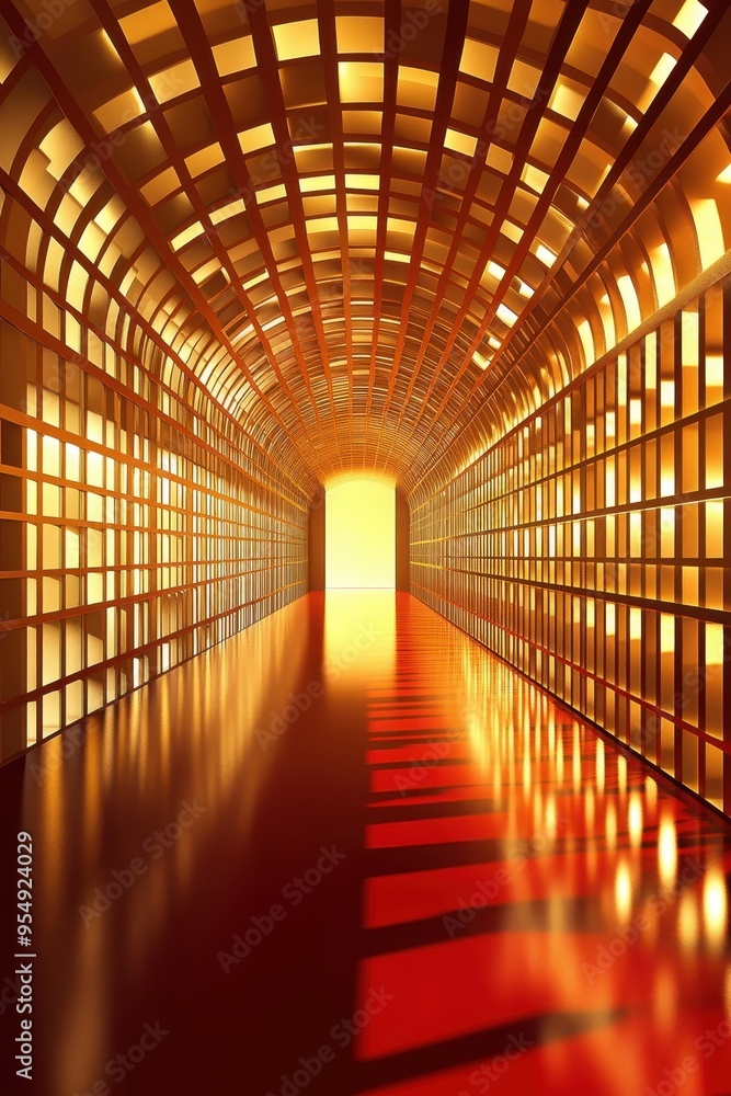 Poster golden grid tunnel with red floor and light at the end.