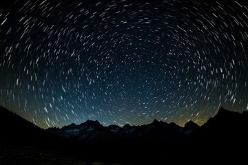 Fototapeta premium movement of stars in the night sky with the view of mountains , ai