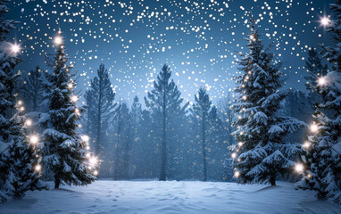 Christmas background of a deep blue color with white glowing lights, white snow-covered festive pine trees in the background, Winter scene