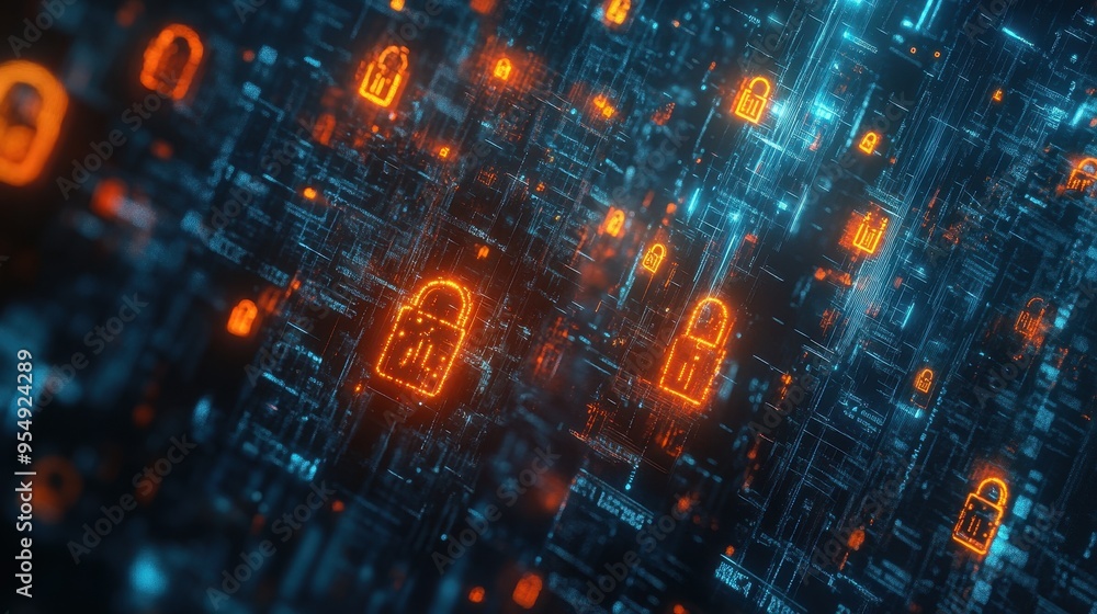 Poster abstract cyber security concept with glowing padlocks in digital space.