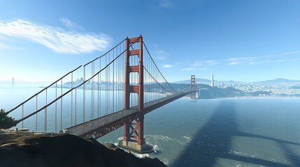 107. **Render the Golden Gate Bridge with a clear sky and the San Francisco skyline visible in the background.**