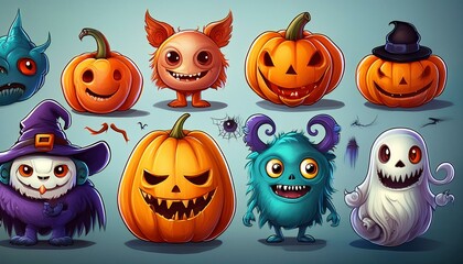 Set of Halloween Monsters and Characters in Cartoon Style