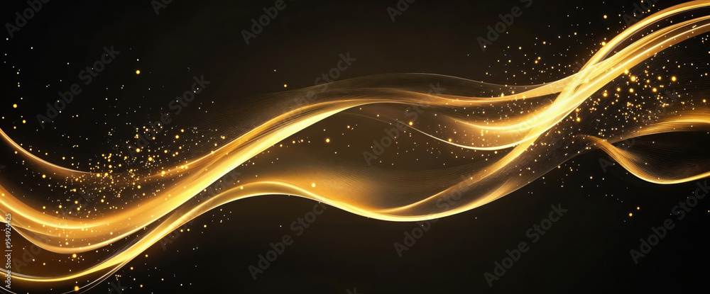 Poster golden waves are flowing on black background with sparkling particles. high quality photo
