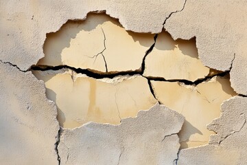 Cracked wall texture with crumbling plaster. This photo can be used for projects related to construction, damage, or aging.