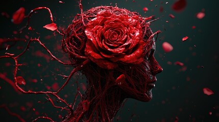 A powerful visual of a human figure transitioning into a blooming red rose, with blood vessels weaving into petals