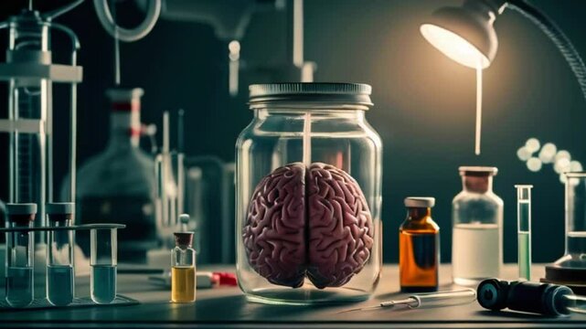 A human brain preserved in a glass jar on a laboratory table with test tubes and other lab equipment.