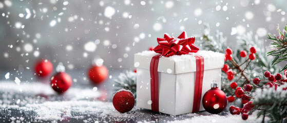 Christmas background, red ribbon wrapped gifts white gift boxes red ribbon isolated on a white background decorations, and snow gray