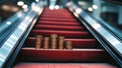 Stacks of Coins on Red Escalator Steps in Modern Shopping Mall - Financial Growth and Economic Concept