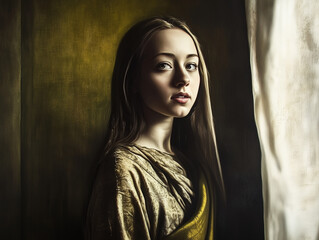 portrait of a woman, A skeletal witch in dark robes sits beside a pumpkin in an autumn forest. A haunting image perfect for Halloween and fantasy themes.