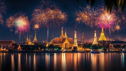 Fototapeta premium Vibrant Fireworks Illuminate the Majestic Temples of Bangkok, Thailand