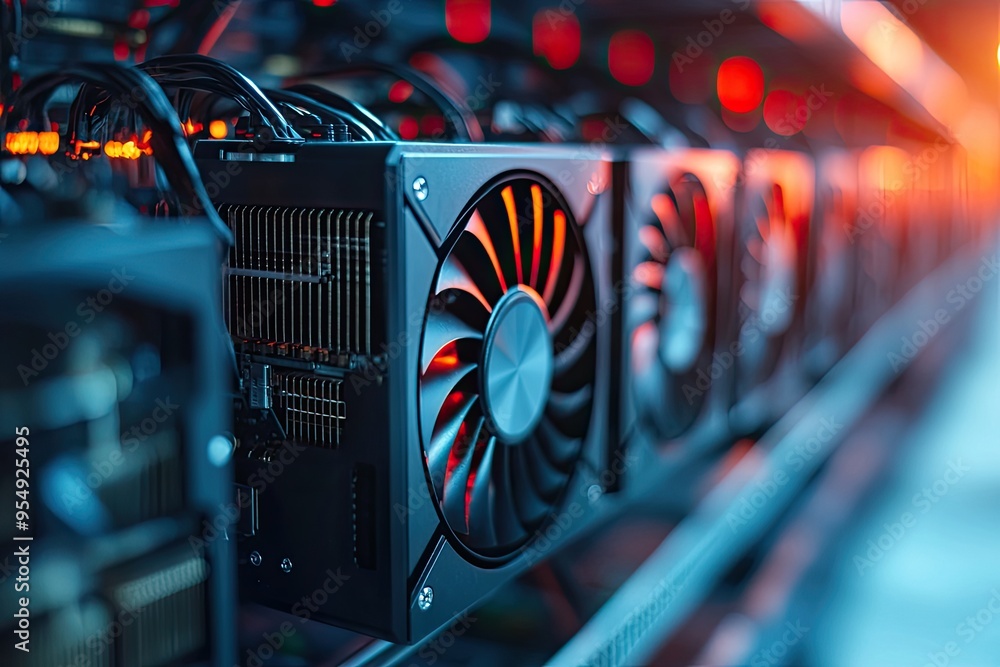 Poster close-up of graphics cards in a rig. this image can be used to represent cryptocurrency mining, high