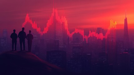 Fototapeta premium Businessmen Overlooking City Skyline with Financial Graphs at Sunset, Symbolizing Market Trends and Economic Growth