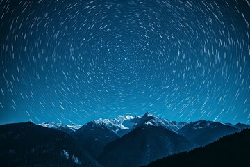 Fototapeta premium movement of stars in the night sky with the view of mountains , ai