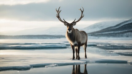 Obraz premium A majestic reindeer with impressive antlers stands on an icy landscape with snow-capped mountains in the background