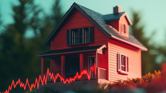 Cozy Red House with Financial Graph Overlay in a Serene Forest Setting