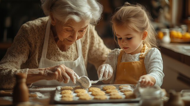 A grandmother lovingly teaches her granddaughter the art of cookie baking.