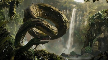 Titanoboa coiled around mammoth carcass jaws wide prepares devour its prey The scene is set in a lush green jungle with a waterfall in the background creating a juxtaposition of beauty and brutality