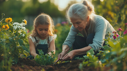 An elderly grandmother and her little granddaughter plant flowers together in a spring garden.
