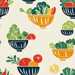 Vintage veggie stir-fry in bowl pattern on vintage beige fabric background, seamless repeating pattern, textile print style, minimal, seamless food dish pattern design, kitchen decor