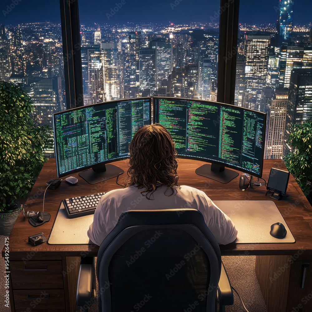 Poster a focused programmer working late at night with multiple screens overlooking a vibrant city skyline.