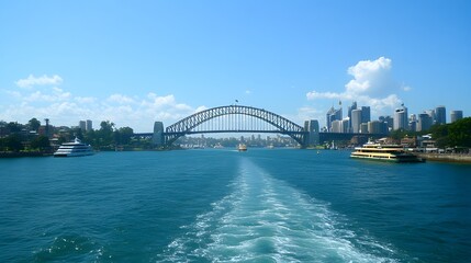 Naklejka premium 111. **Show the Sydney Harbour Bridge with its grand arch spanning the harbor and the city skyline in the distance.**