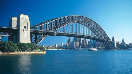 Fototapeta premium 111. **Show the Sydney Harbour Bridge with its grand arch spanning the harbor and the city skyline in the distance.**