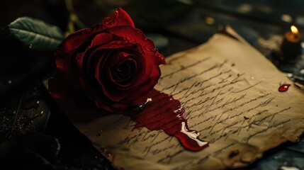 A red rose weeps blood onto a singed love letter, its petals dew-kissed, telling a tale of lost love and heartbreak.