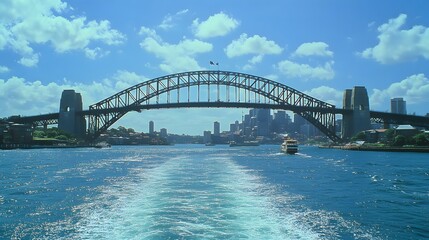 Fototapeta premium 111. **Show the Sydney Harbour Bridge with its grand arch spanning the harbor and the city skyline in the distance.**