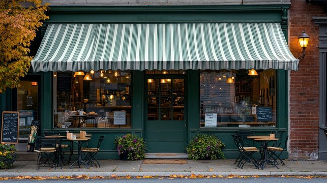 Charming street cafe with striped awning and outdoor seating in autumn