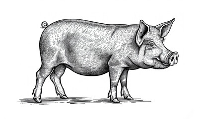 Fototapeta premium Pig, hog, boar. Vintage retro print, black white pig sketch ink pencil style drawing, linear drawing, engrave old school. Sketch artwork silhouette pig, hog, boar. Side view profile. Illustration