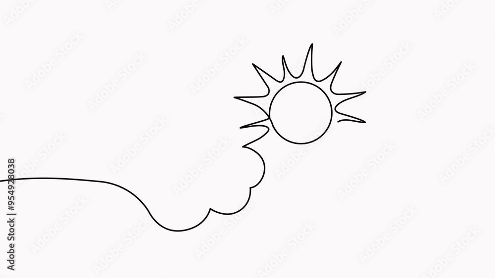 Poster airplane with clouds and sun continuous line drawn animation. animated flying plane in sky. travel l
