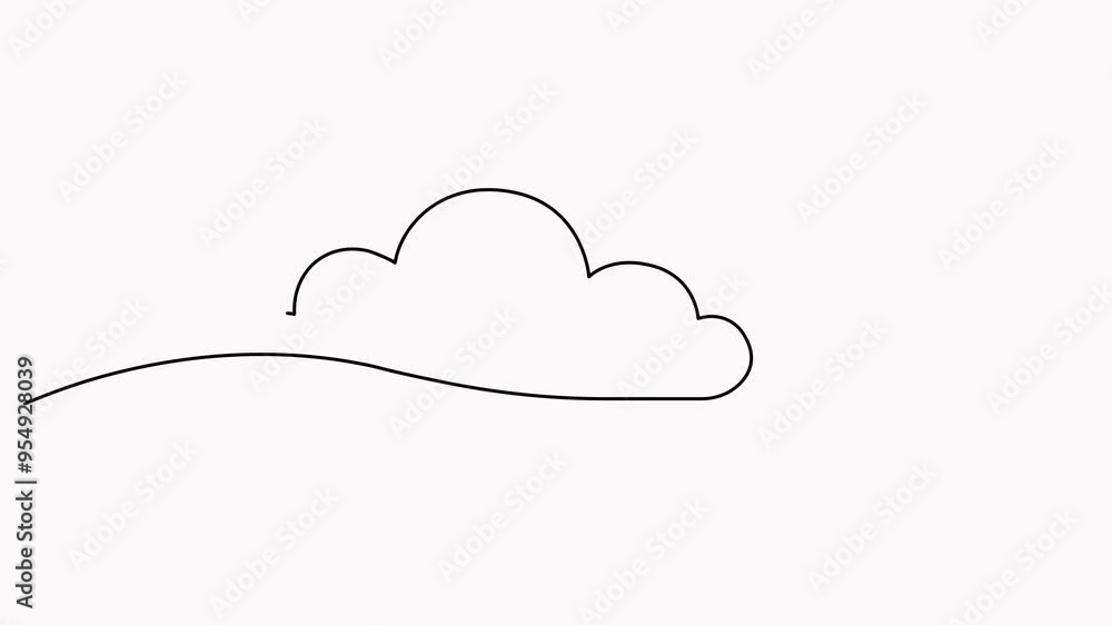 Poster airplane with cloud continuous one line drawn animation. flying plane in sky video. animated travel 