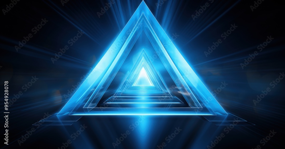 Poster a futuristic blue triangular design with glowing edges, creating a sense of depth and motion.