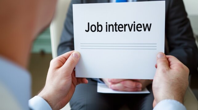 A man holding a piece of paper that says job interview
