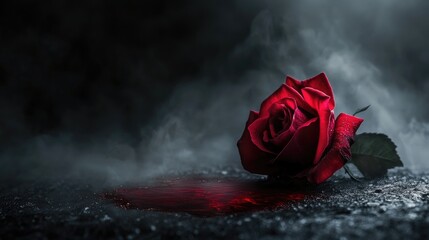 A red rose with blood pooling on the ground, highlighted by mystical light, with a black backdrop and soft, eerie white smog