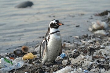 Obraz premium A Magellanic Penguin Standing on a Beach Covered in Plastic Pollution