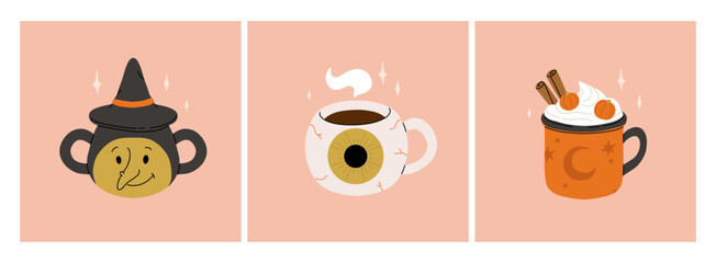Vector collection of cute Halloween mugs. Hot cocoa with marshmallow, coffee and tea cups with cute faces, ghost, pumpkin, witch black cat and skull. Flat cartoon illustration on pink background