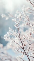 Naklejka premium A close-up of frost-covered branches against a soft snowy background